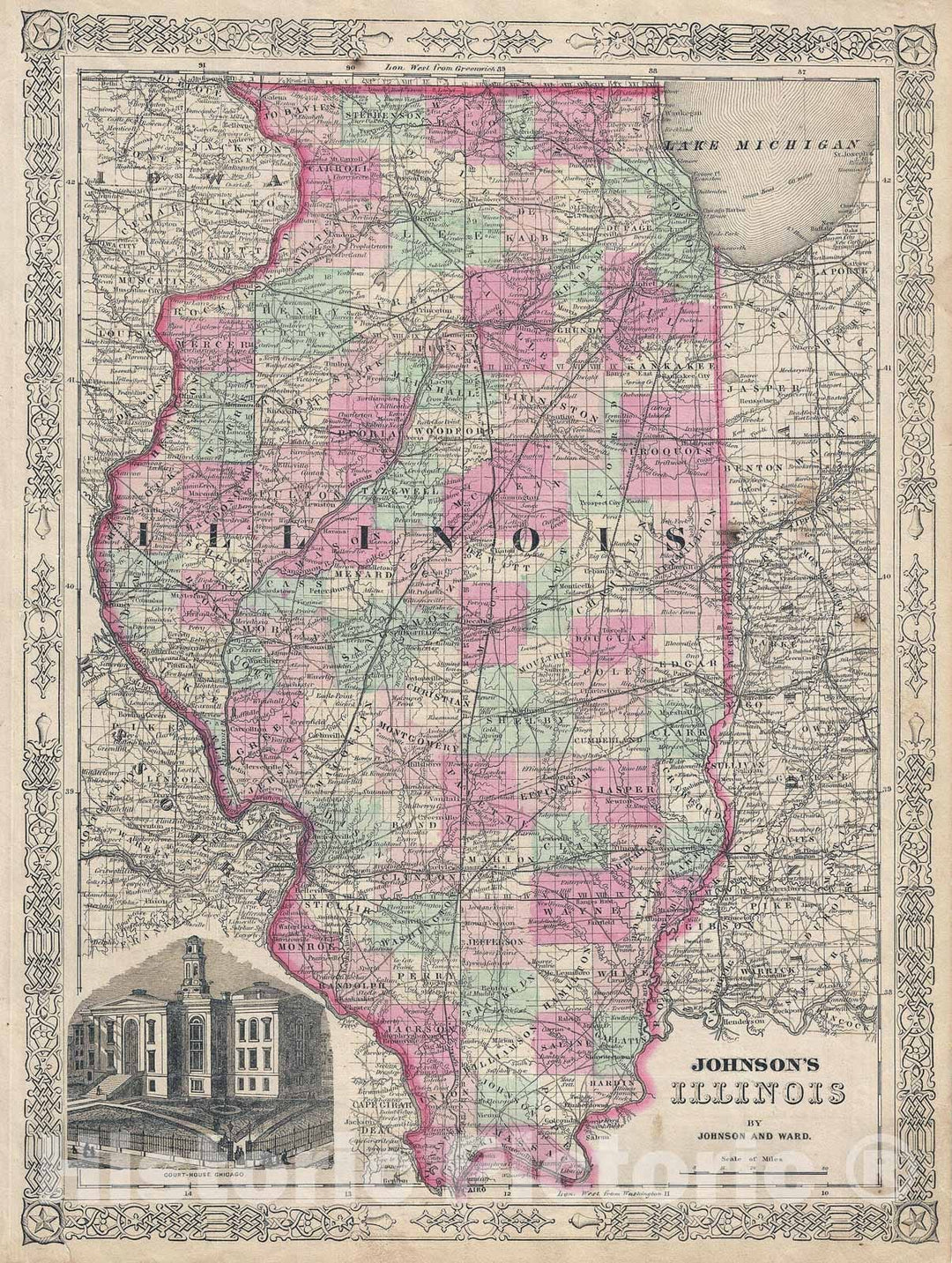 Historic Map : Johnson Map of Illinois, Version 2, 1863, Vintage Wall Art