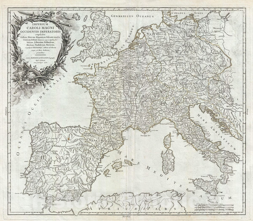 Historic Map : Vaugondy Antique Map of Europe Under Charlemagne, 1752, Vintage Wall Art