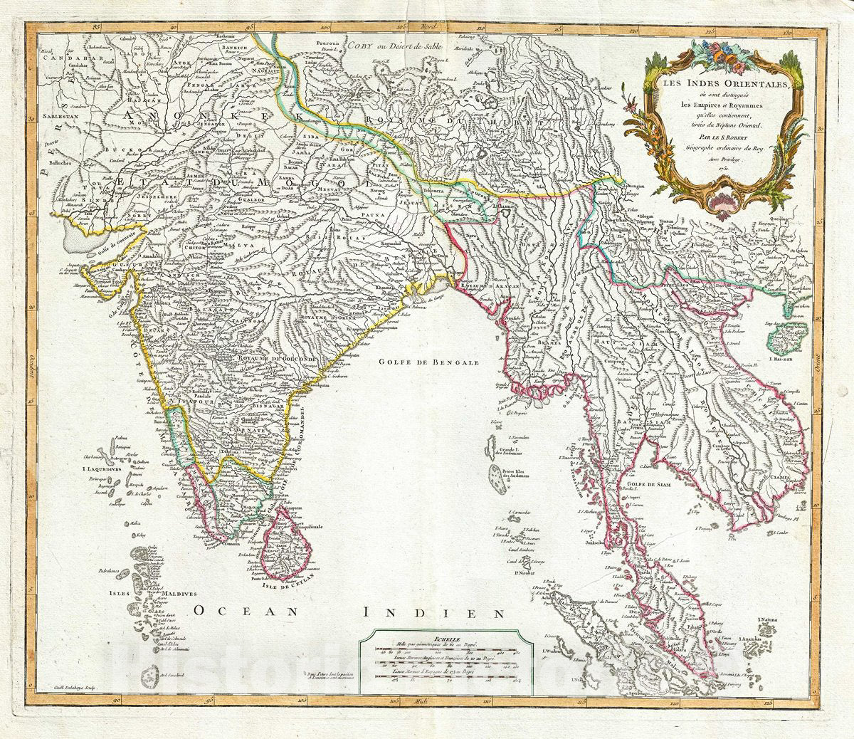 Historic Map : Vaugondy Antique Map of India and Southeast Asia (Vietnam, Laos, Thailand, Malay), 1751, Vintage Wall Art