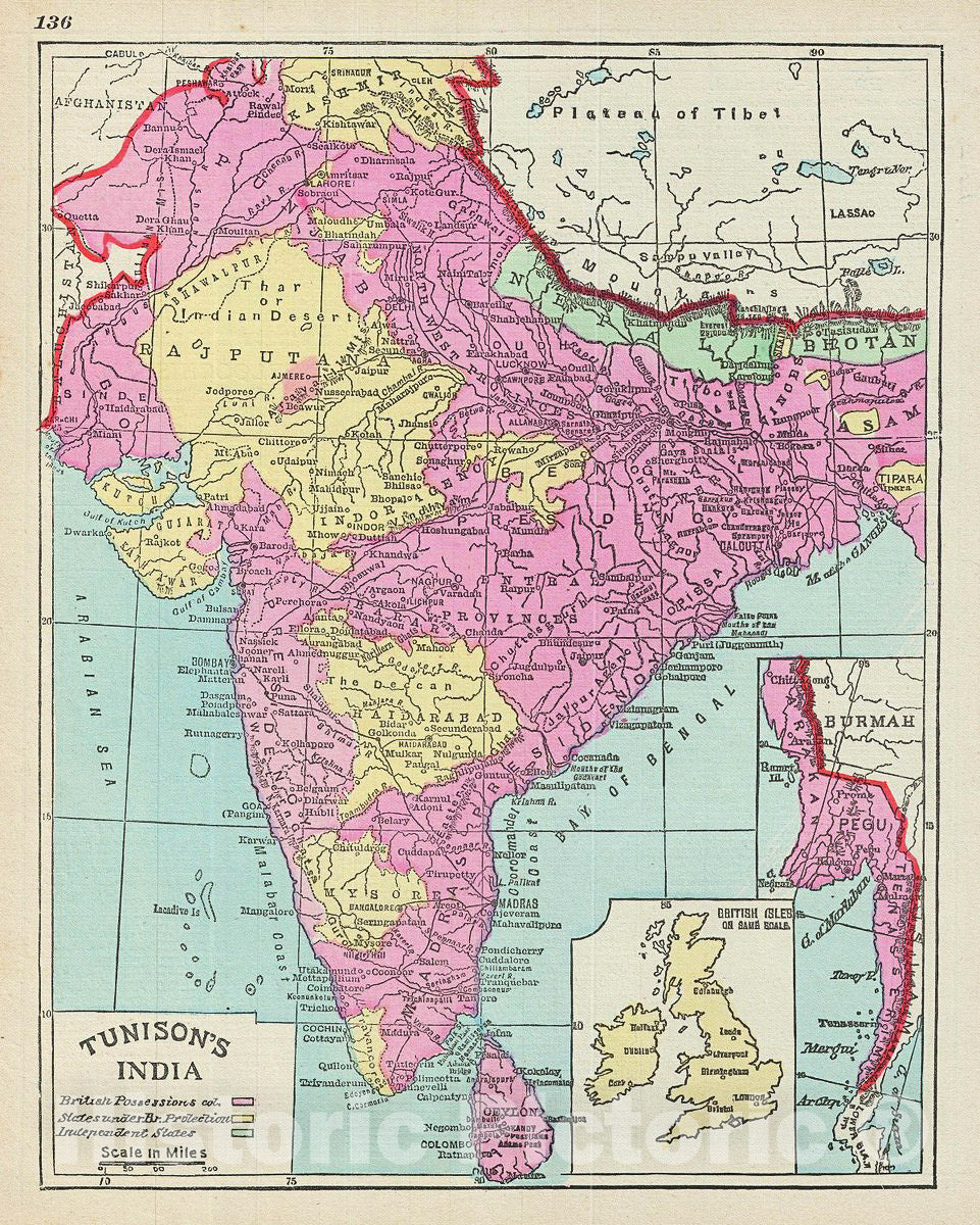 Historic Map : Tunison Map of India, 1887, Vintage Wall Art