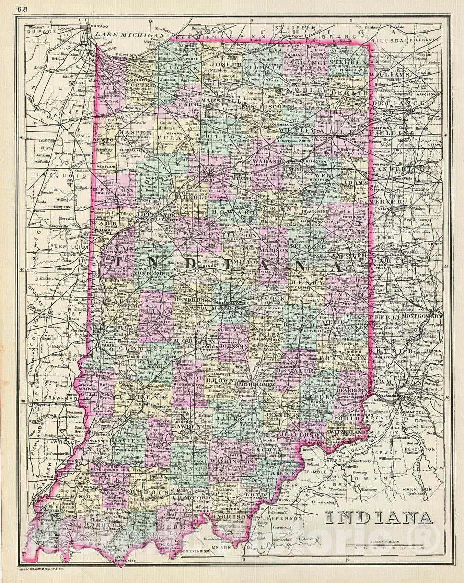 Historic Map : Bradley Map of Indiana, 1887, Vintage Wall Art