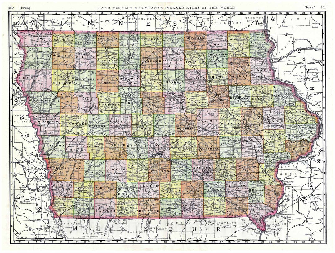 Historic Map : Rand McNally Map of Iowa, 1889, Vintage Wall Art