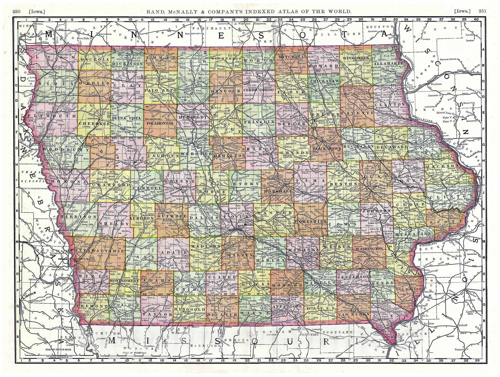 Historic Map : Rand McNally Map of Iowa, 1889, Vintage Wall Art