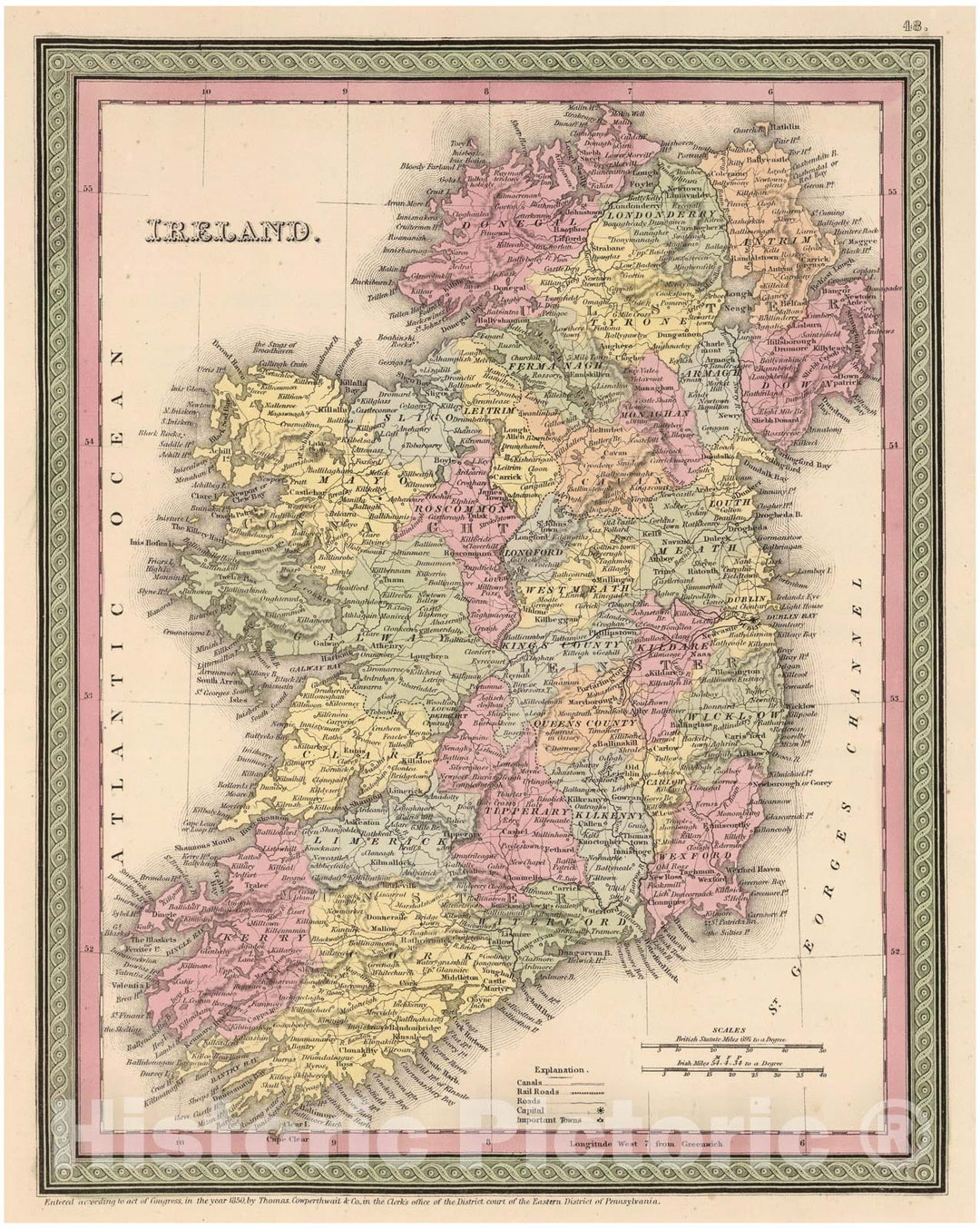 Historic Map : Mitchell Map of Ireland, 1854, Vintage Wall Art