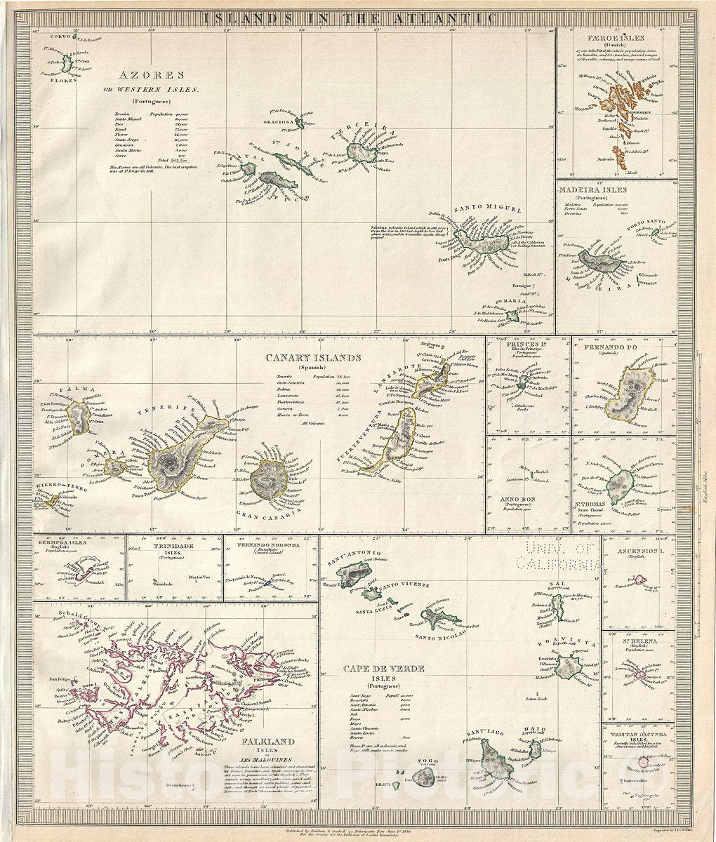 Historic Map : S.D.U.K. Antique Map of The Islands in The Atlantic Ocean, 1836, Vintage Wall Art