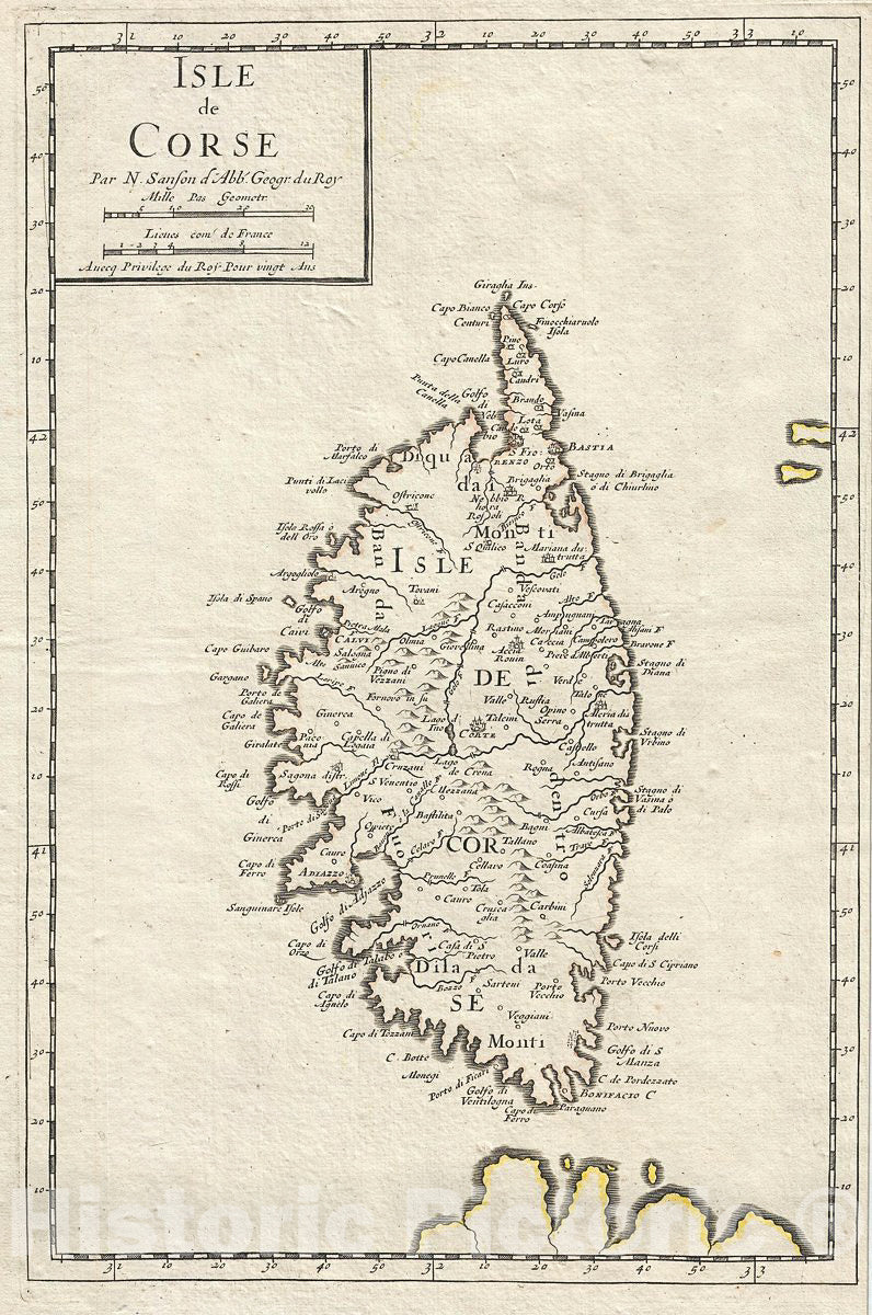 Historic Map : Sanson Map of The Island of Corsica, France, 1658, Vintage Wall Art