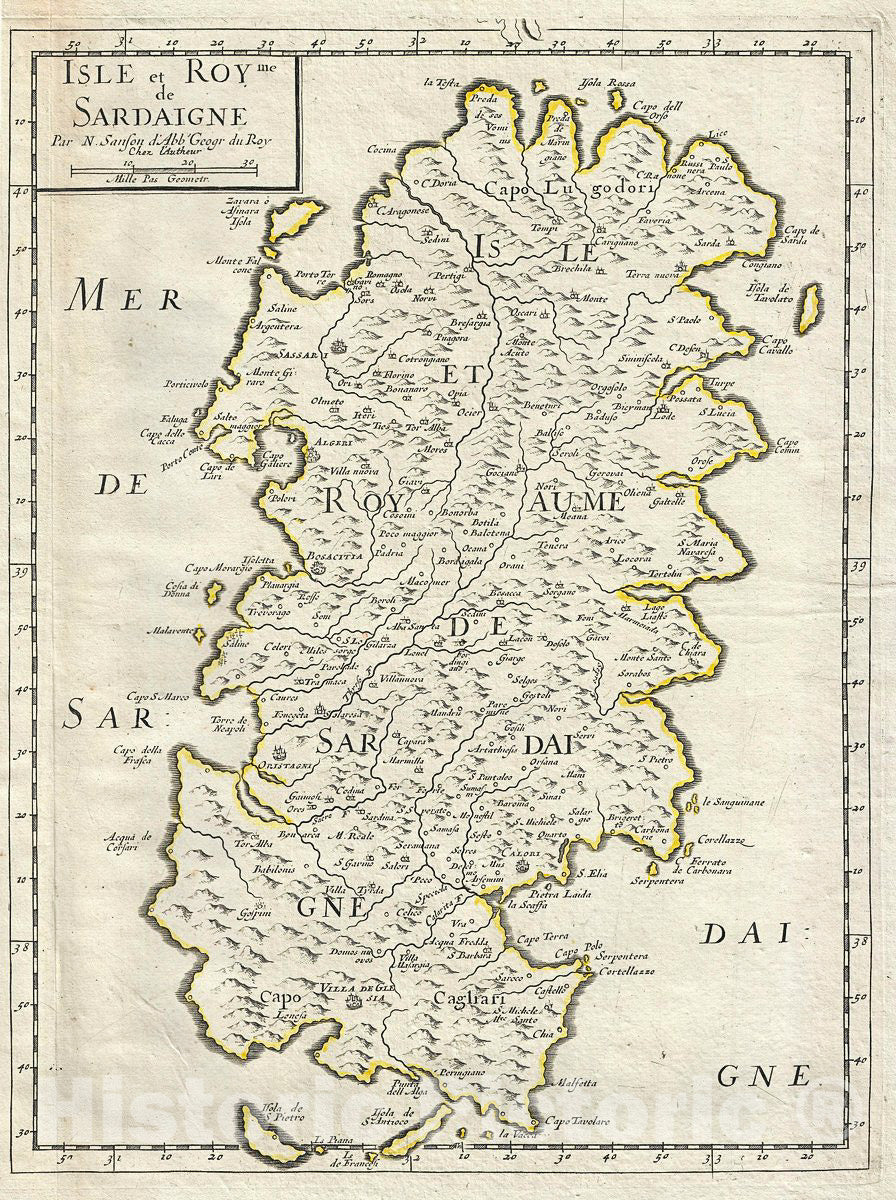 Historic Map : Sanson Map of The Island of Sardinia, Italy, 1658, Vintage Wall Art