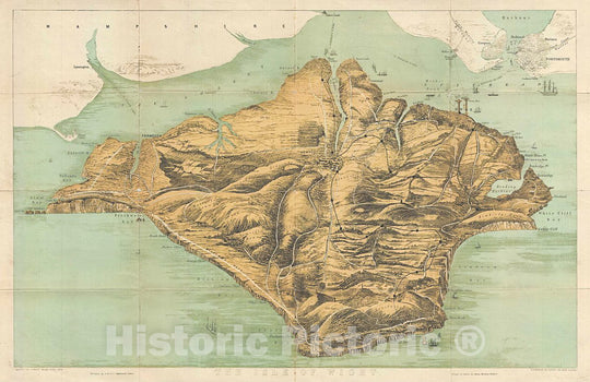 Historic Map : Fowles Birds Eye View Map of The Isle of Wight, England, 1870, Vintage Wall Art