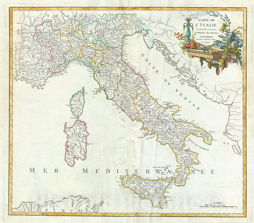 Historic Map : Vaugondy Antique Map of Italy w/Postal Routes, 1756, Vintage Wall Art