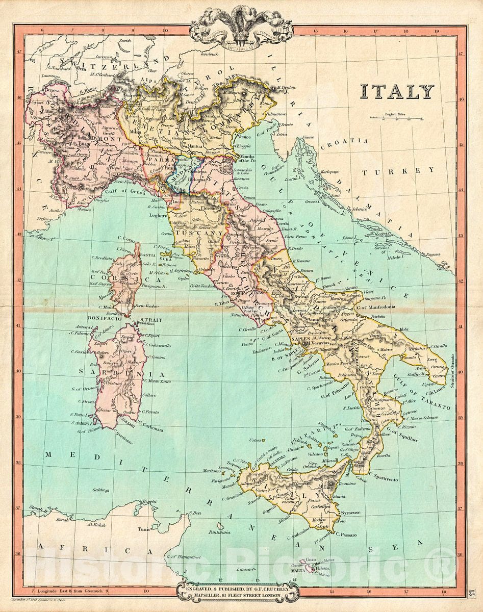 Historic Map : Cruchley Map of Italy, 1850, Vintage Wall Art