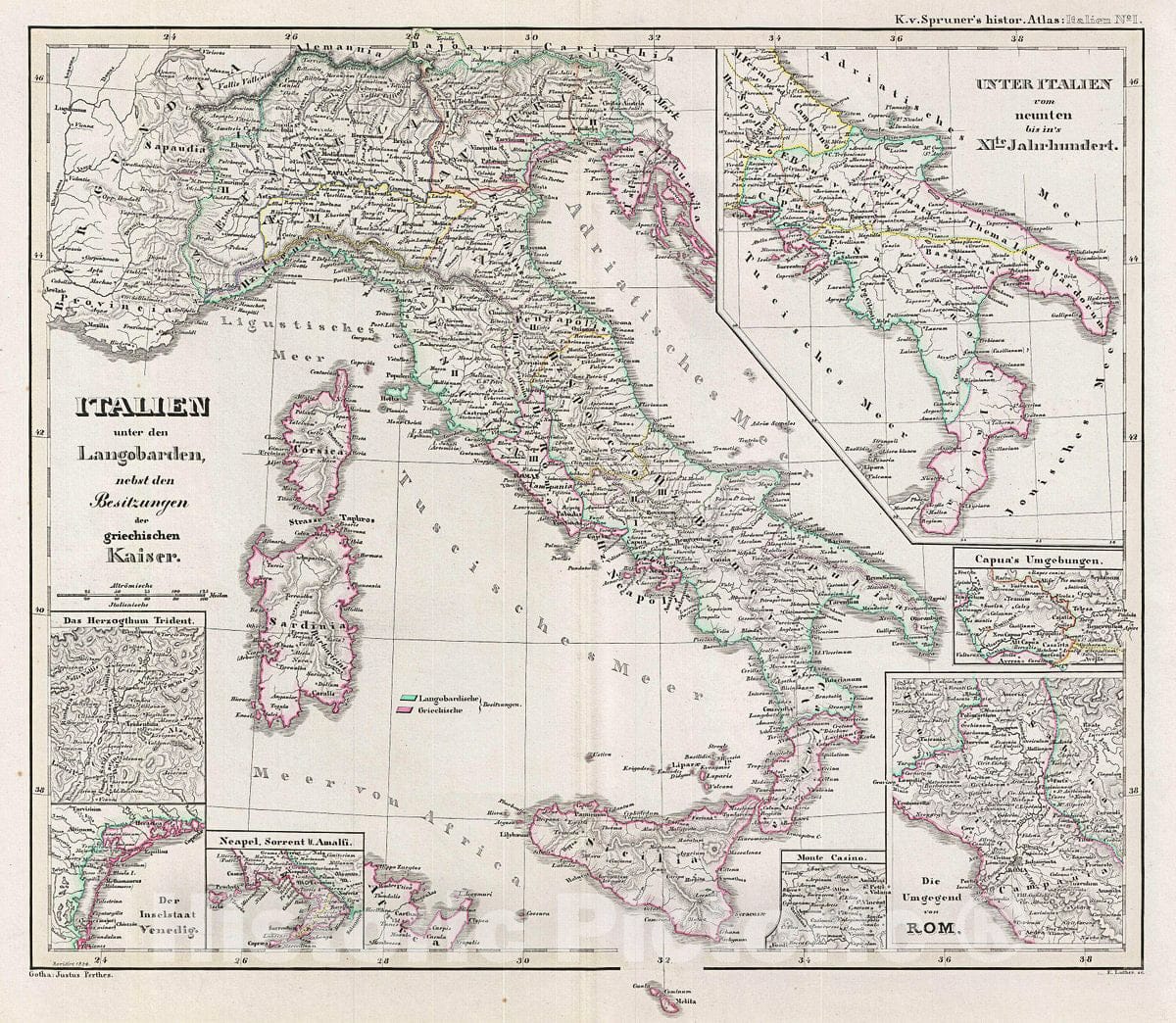 Historic Map : Spruner Antique Map of Italy Under The Lombards, 1854, Vintage Wall Art