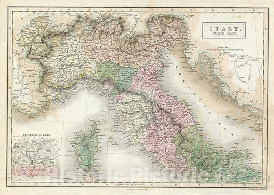 Historic Map : Black Map of Northern Italy (Tuscany, Piedmont, Venice), Version 3, 1851, Vintage Wall Art