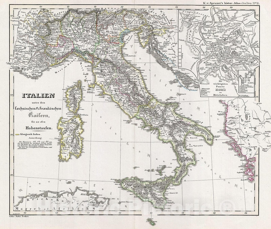 Historic Map : Spruner Map of Italy Under The Saxon and Frankish Emperor, to The Hohenstaufen, 1854, Vintage Wall Art