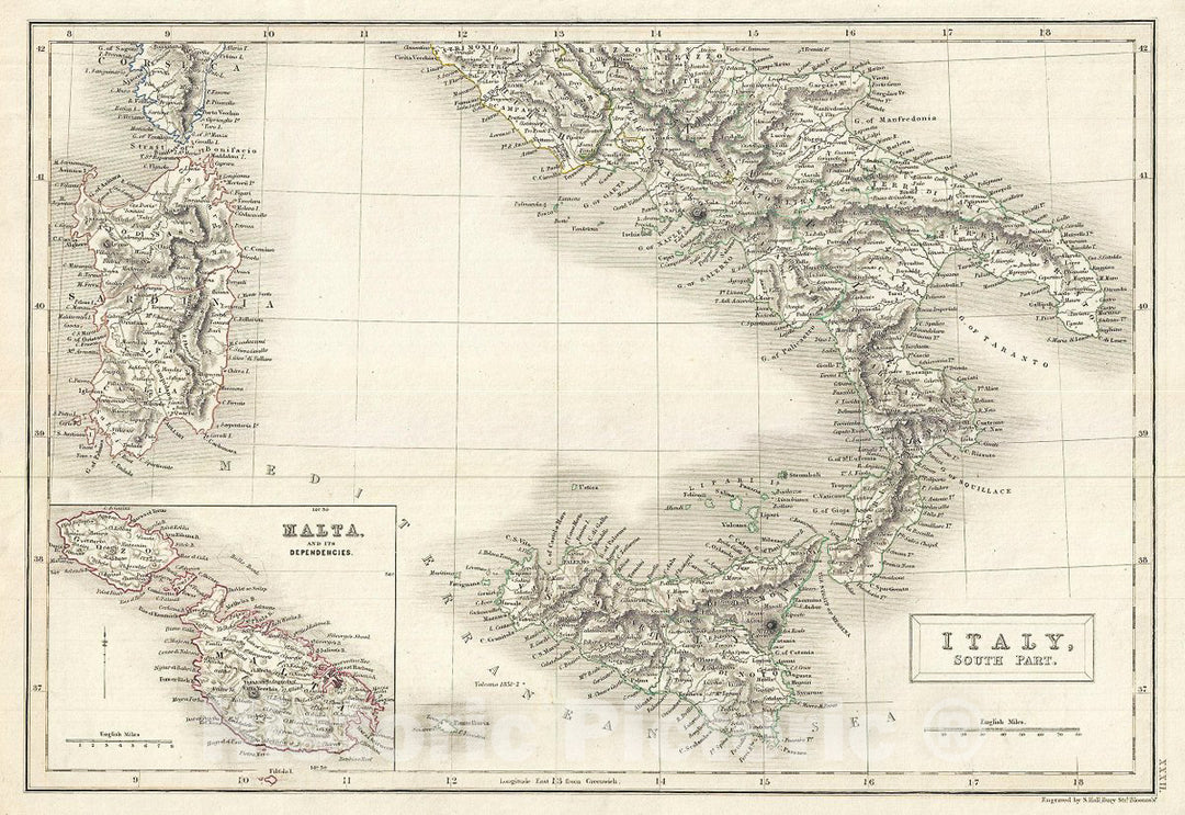 Historic Map : Black Map of Southern Italy (Naples, Sicily), 1844, Vintage Wall Art