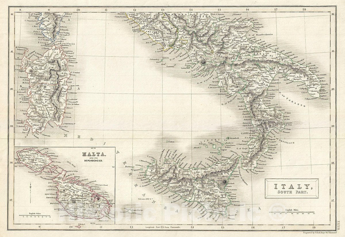 Historic Map : Black Map of Southern Italy (Naples, Sicily), 1844, Vintage Wall Art