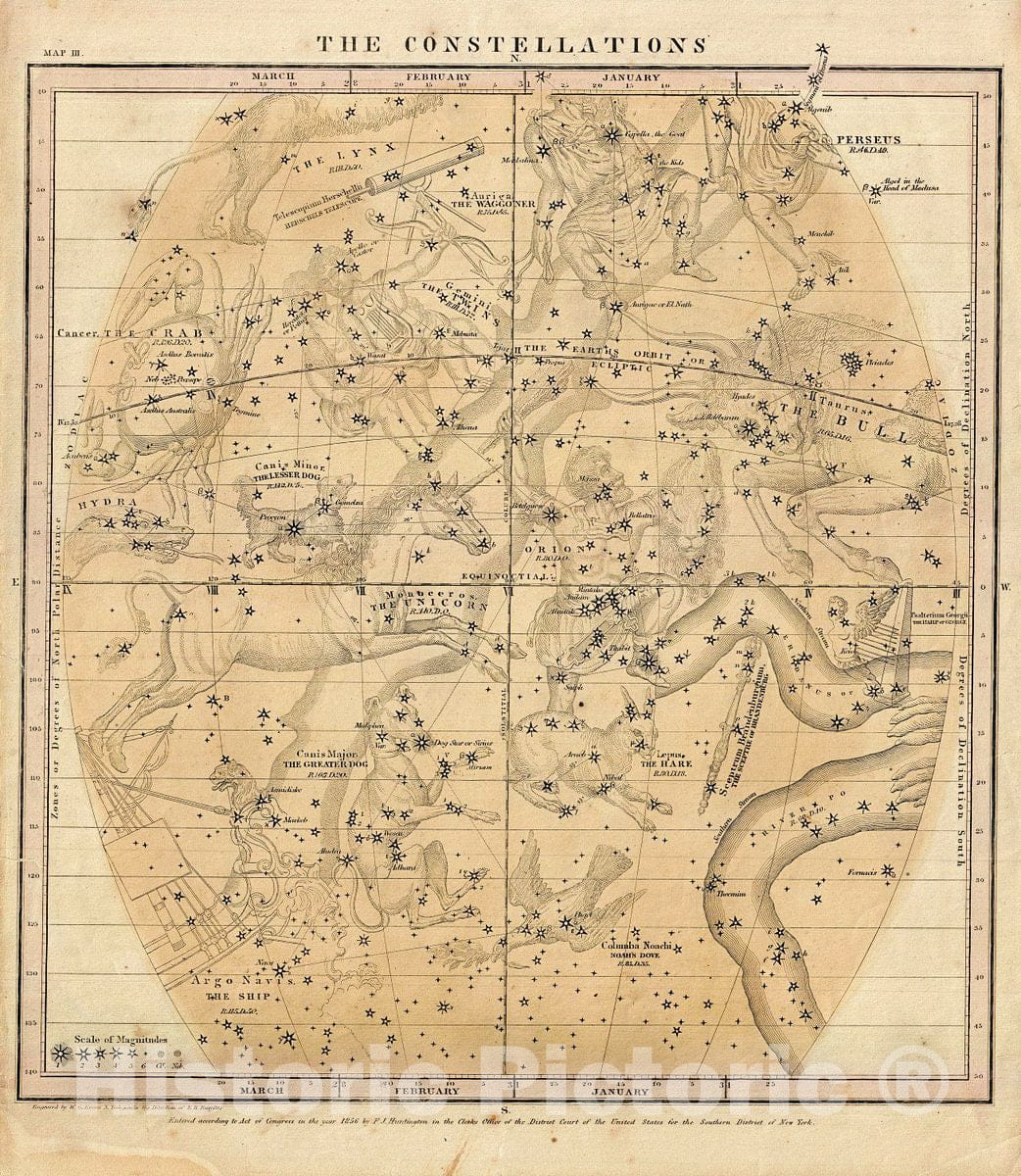 Historic Map : Burritt, Huntington Antique Map of The Constellations or Stars in January, February and March, 1856, Vintage Wall Art