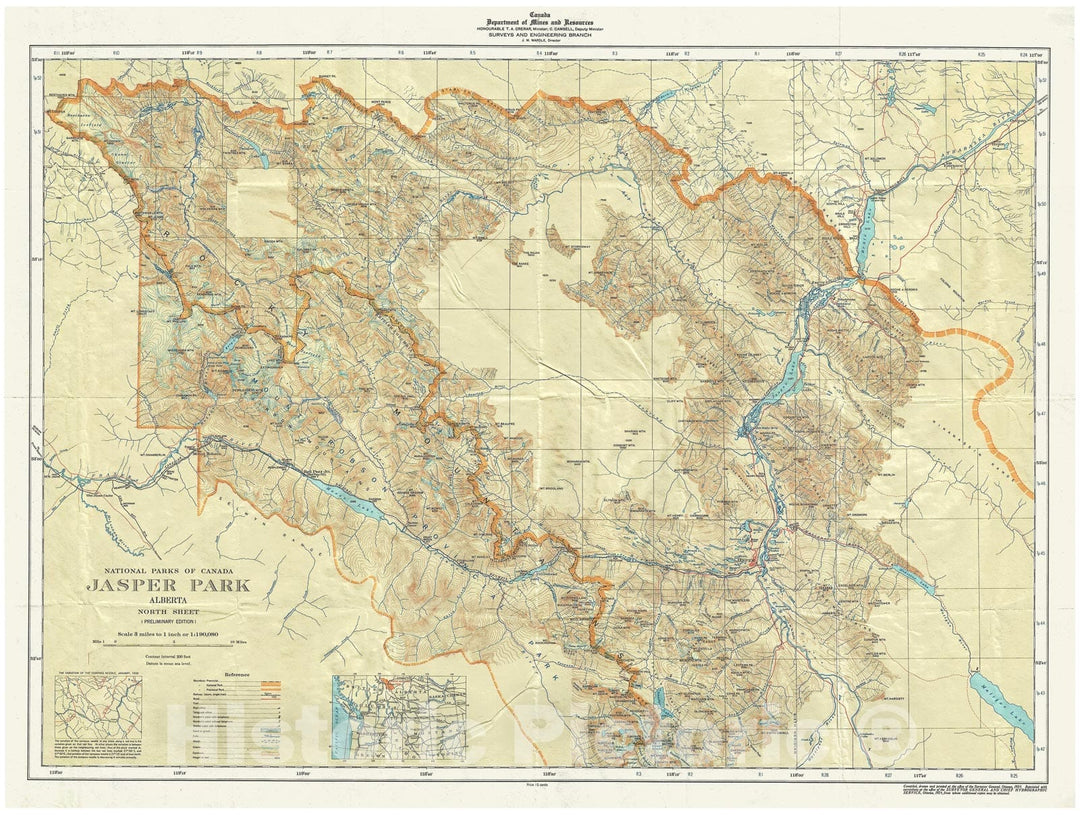 Historic Map : Topographic Map of Jasper Park, Alberta, Canada (Rocky Mountains), 1939, Vintage Wall Art