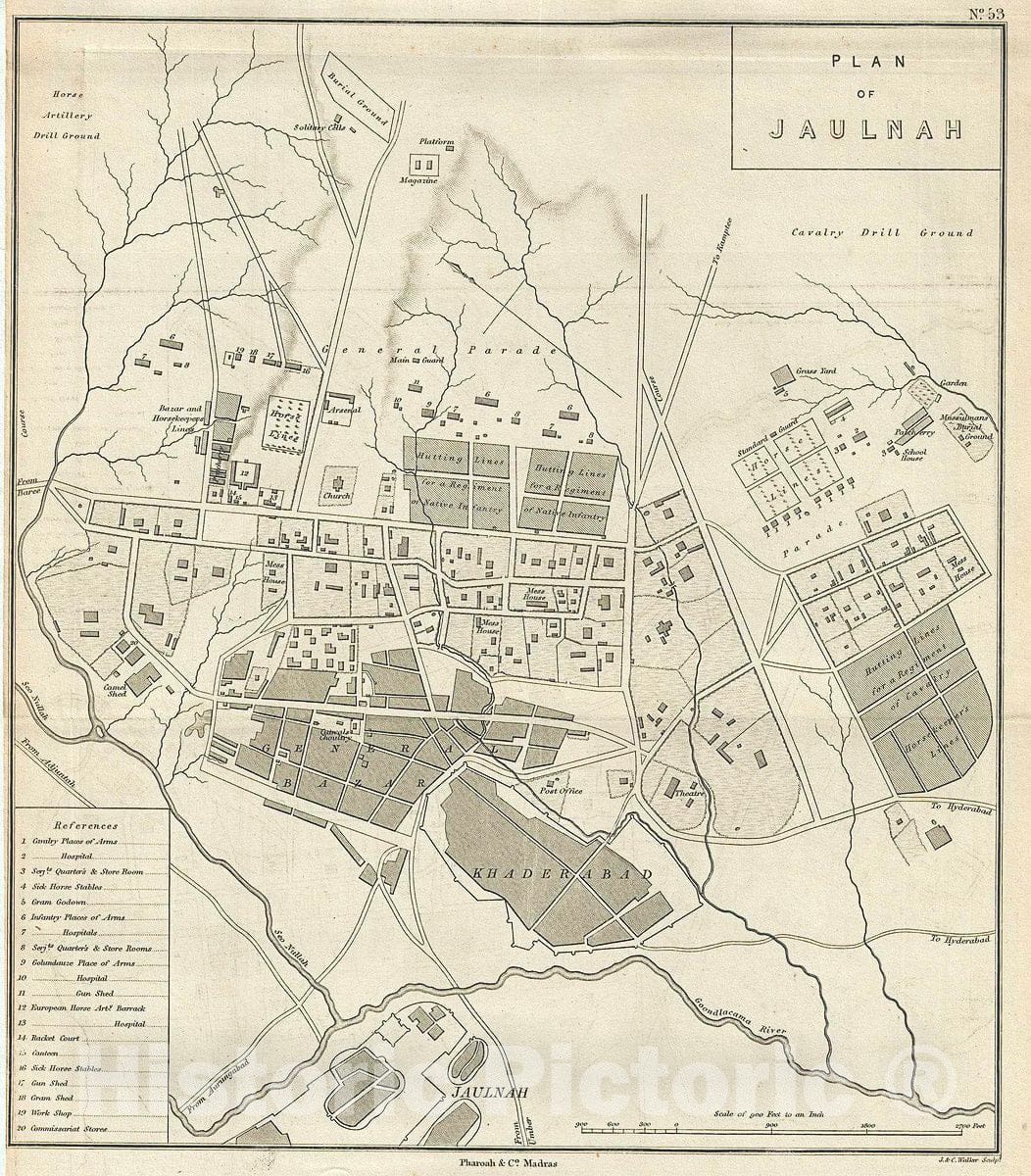 Historic Map : Pharoah Antique Map or Plan of Jalna, Maharashtra, India, 1854, Vintage Wall Art