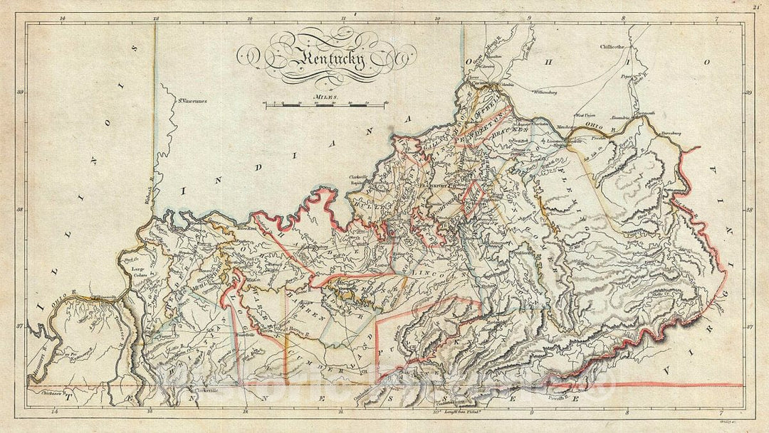 Historic Map : Carey Antique Map of Kentucky, 1814, Vintage Wall Art