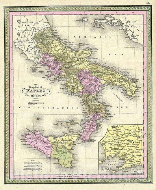 Historic Map : Mitchell Map of Southern Italy: The Kingdom of Naples and The Two Sicilies, 1849, Vintage Wall Art