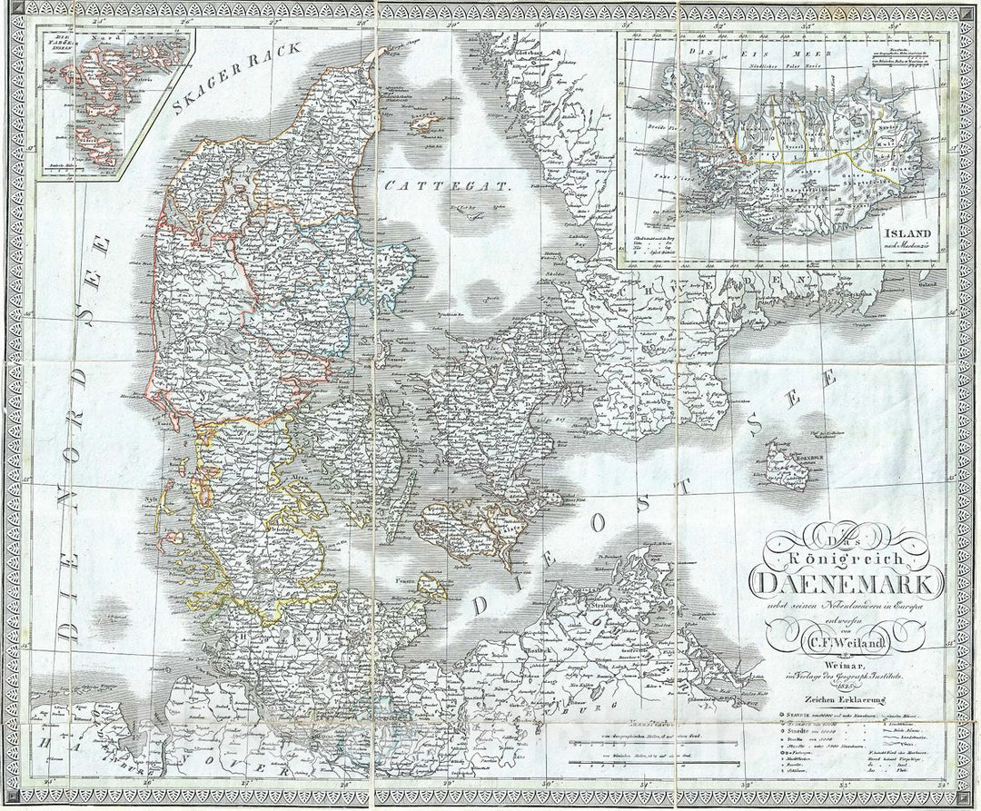 Historic Map : Weiland Map of Denmark, 1825, Vintage Wall Art