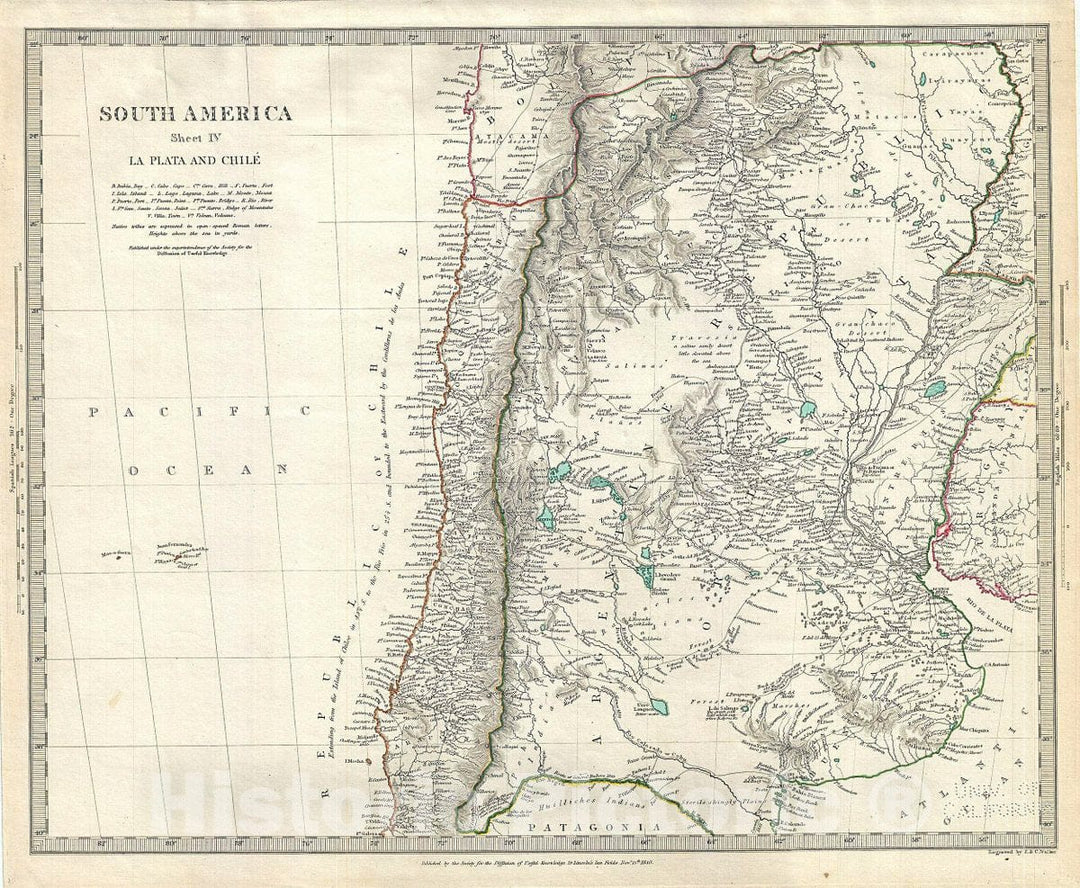 Historic Map : S.D.U.K. Map of Chile and Argentina, 1840, Vintage Wall Art