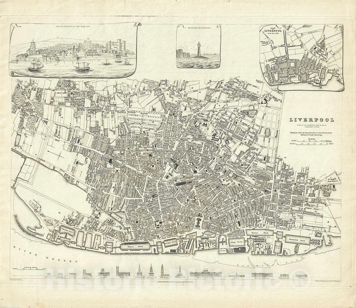 Historic Map : S.D.U.K. Subscriber's Edition Antique Map or City Plan of Liverpool, England, 1836, Vintage Wall Art