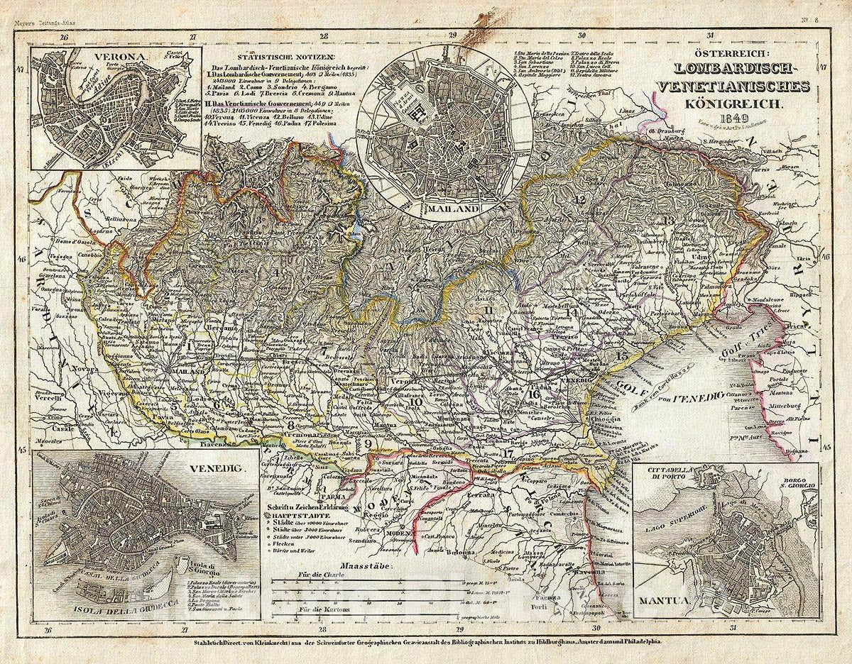 Historic Map : Meyer Map of The Austrian Kingdom in Northern Italy (LombardyVenetia), Italy, 1849, Vintage Wall Art