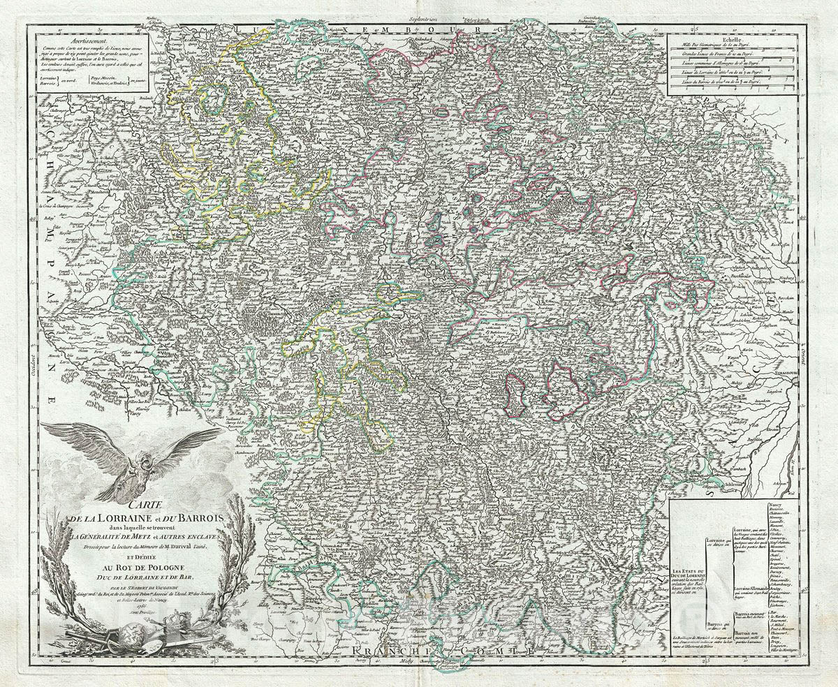 Historic Map : Vaugondy Map of The Lorraine Region of France, 1756, Vintage Wall Art