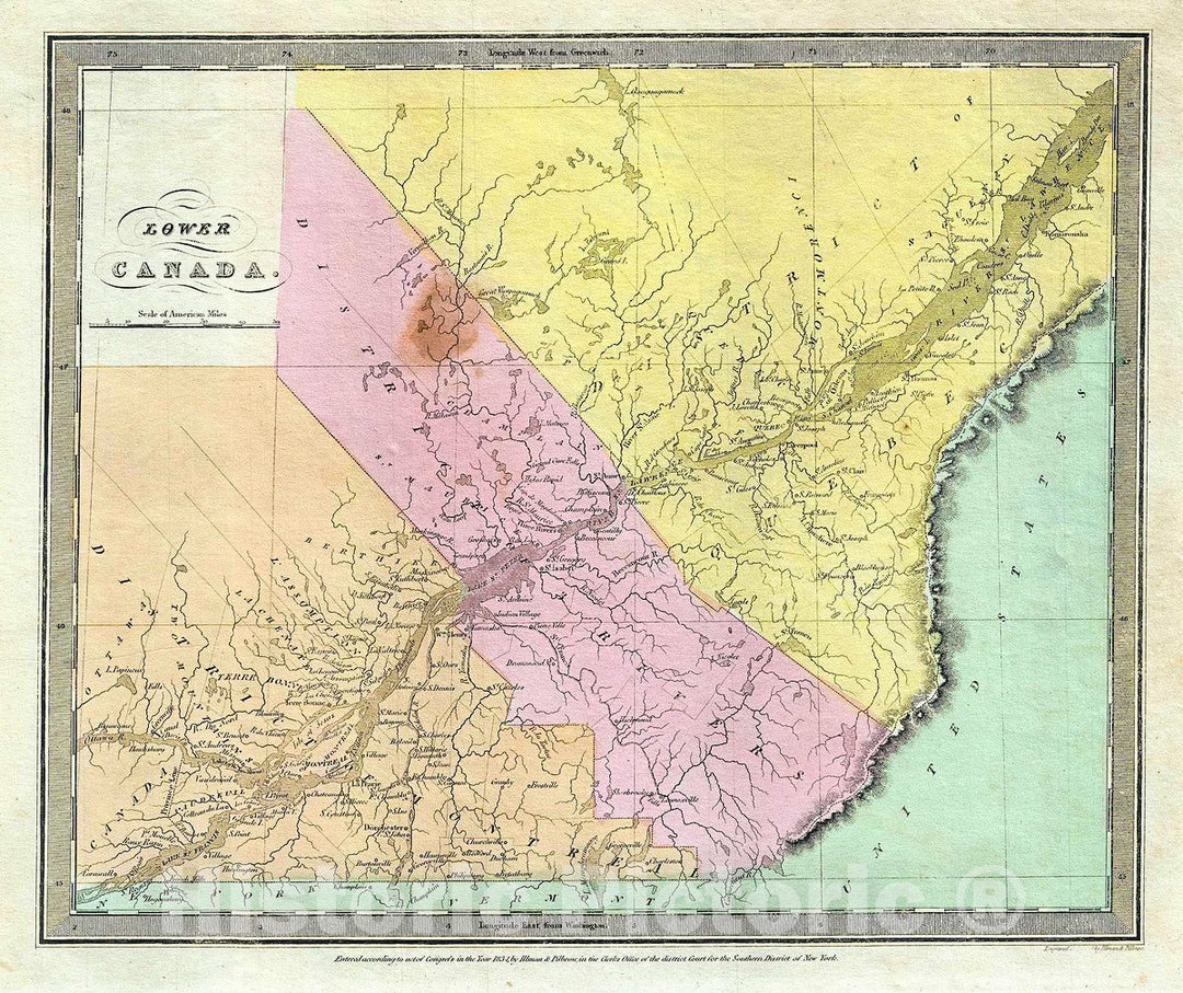 Historic Map : Burr Map of Lower Canada (Quebec), 1834, Vintage Wall Art