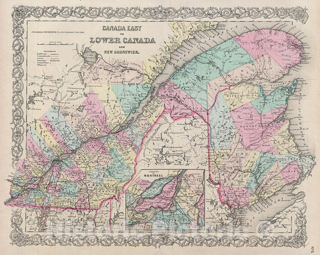 Historic Map : Colton Map of Quebec, Montreal and New Brunswick, Canada, 1856, Vintage Wall Art