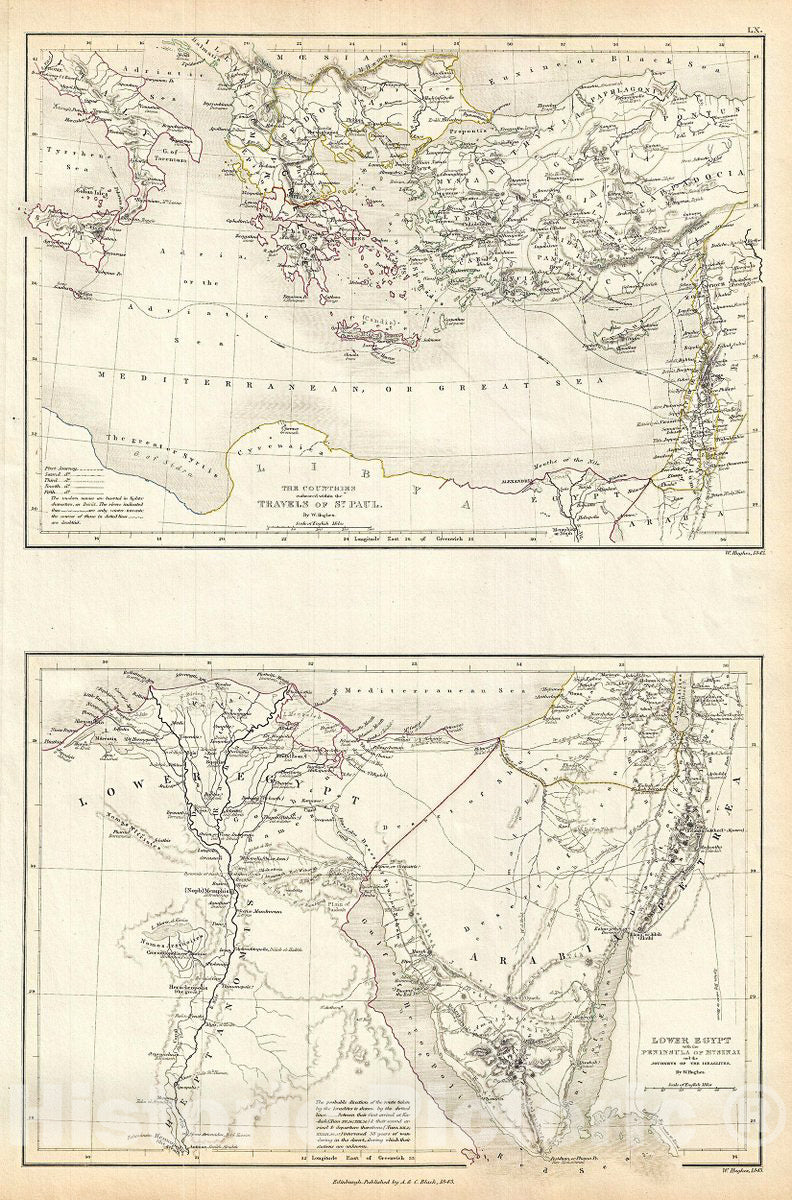 Historic Map : Black Map of Egypt, Asia Minor and The Sinai Peninsula, 1844, Vintage Wall Art