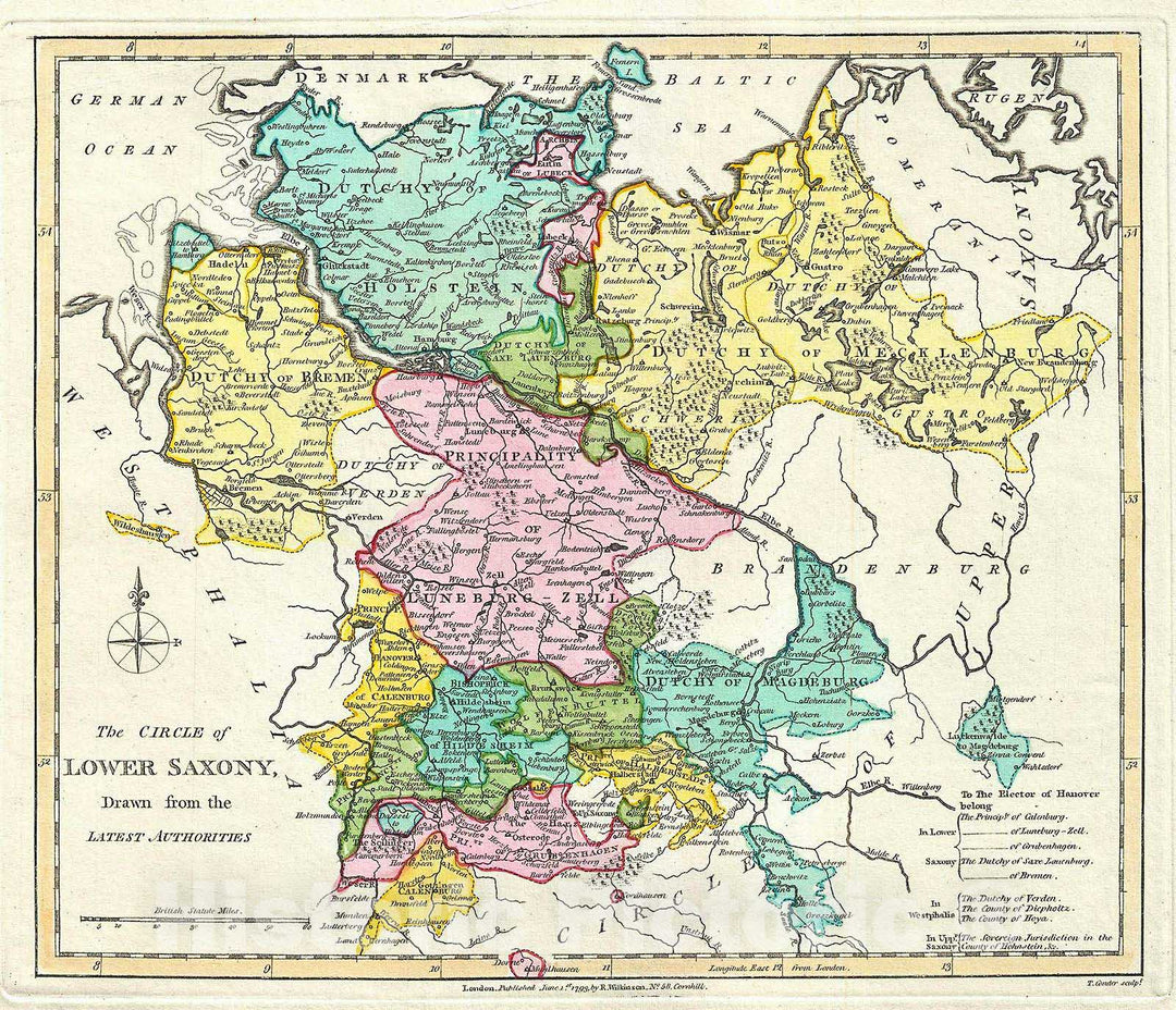 Historic Map : Wilkinson Antique Map of Lower Sain xony, Germany, 1793, Vintage Wall Art