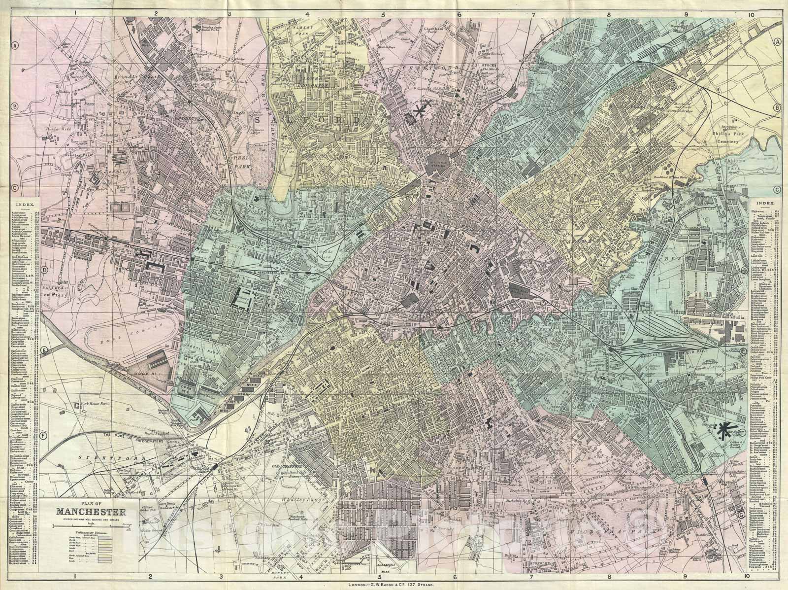 Historic Map : Bacon Map or Plan of Manchester, England, 1890, Vintage Wall Art