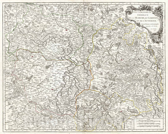 Historic Map : Vaugondy Map of The Limousin, Marche and Auvergne Regions in France, 1753, Vintage Wall Art