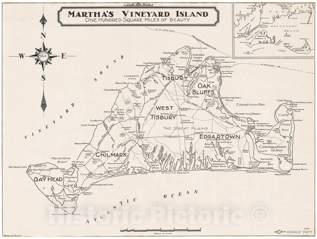 Historic Map : Swift Map of Martha's Vineyard Island, Massachusetts, 1937, Vintage Wall Art