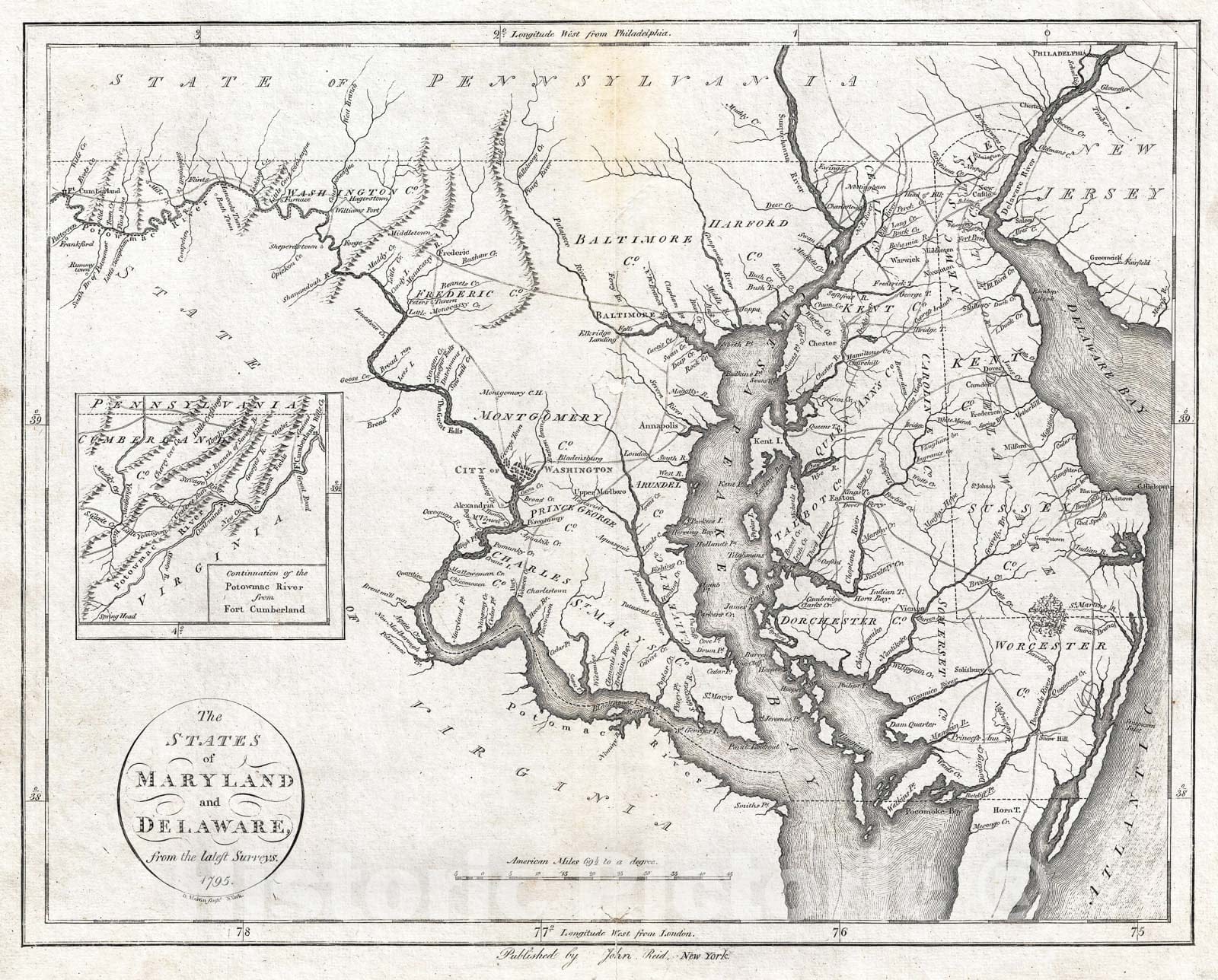 Historic Map : John Reid Map of Maryland and Delaware, 1796, Vintage Wall Art