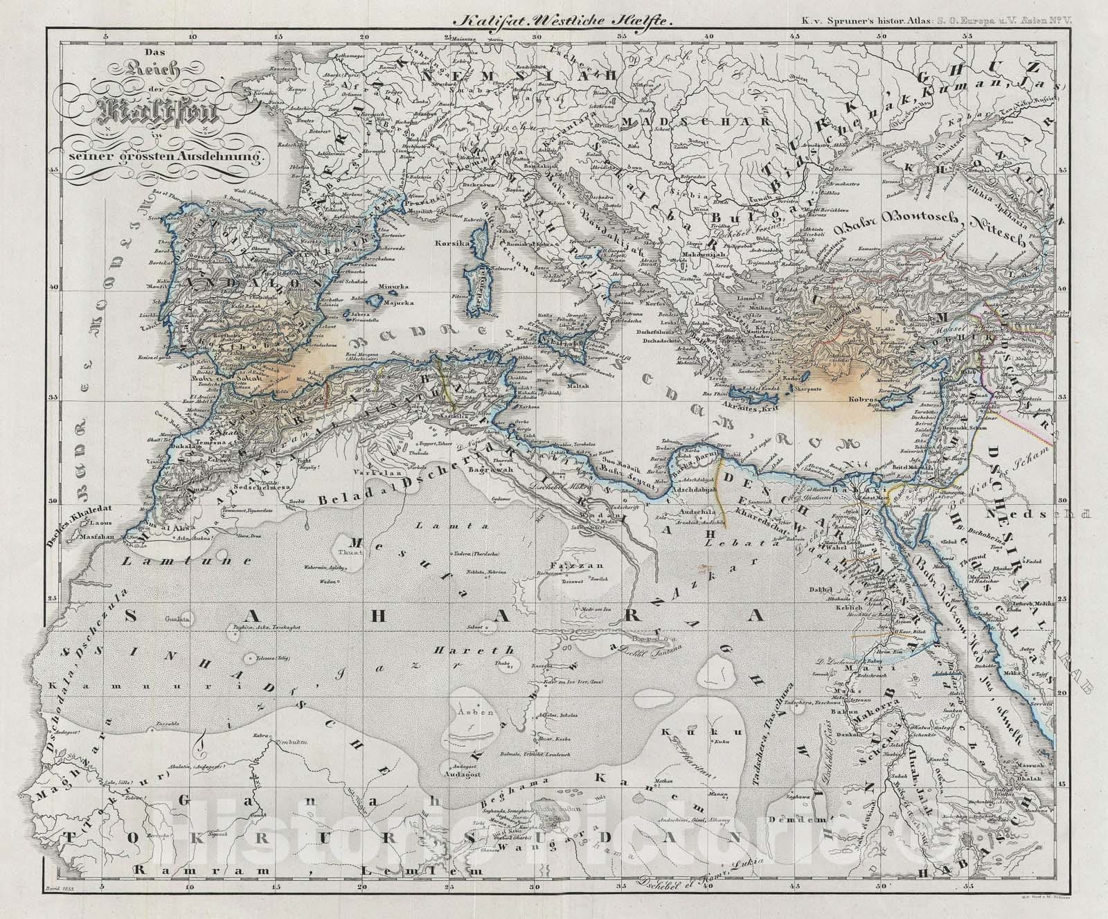 Historic Map : Spruner Map of The Mediterranean Under The Caliphs, 1855, Vintage Wall Art