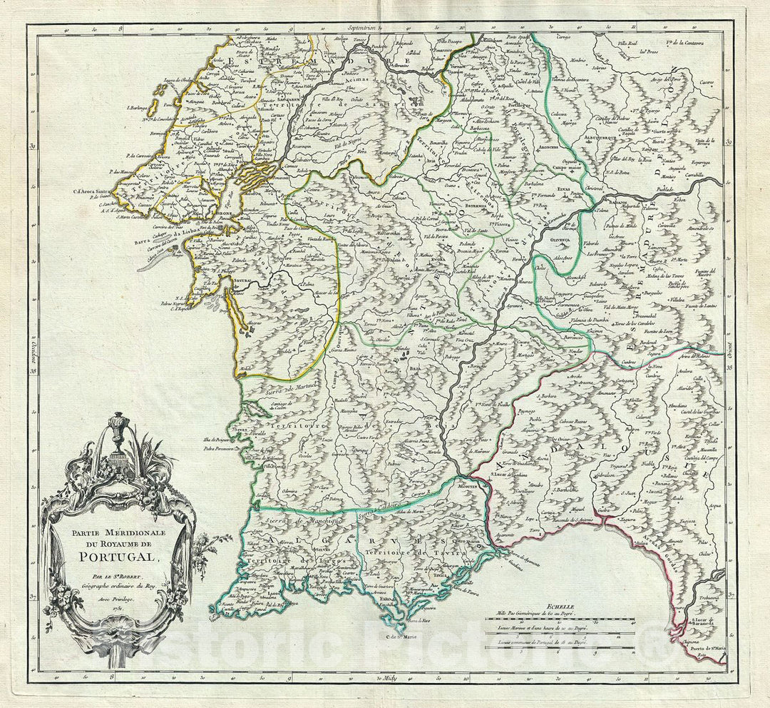 Historic Map : Vaugondy Antique Map of Southern Portugal, 1751, Vintage Wall Art