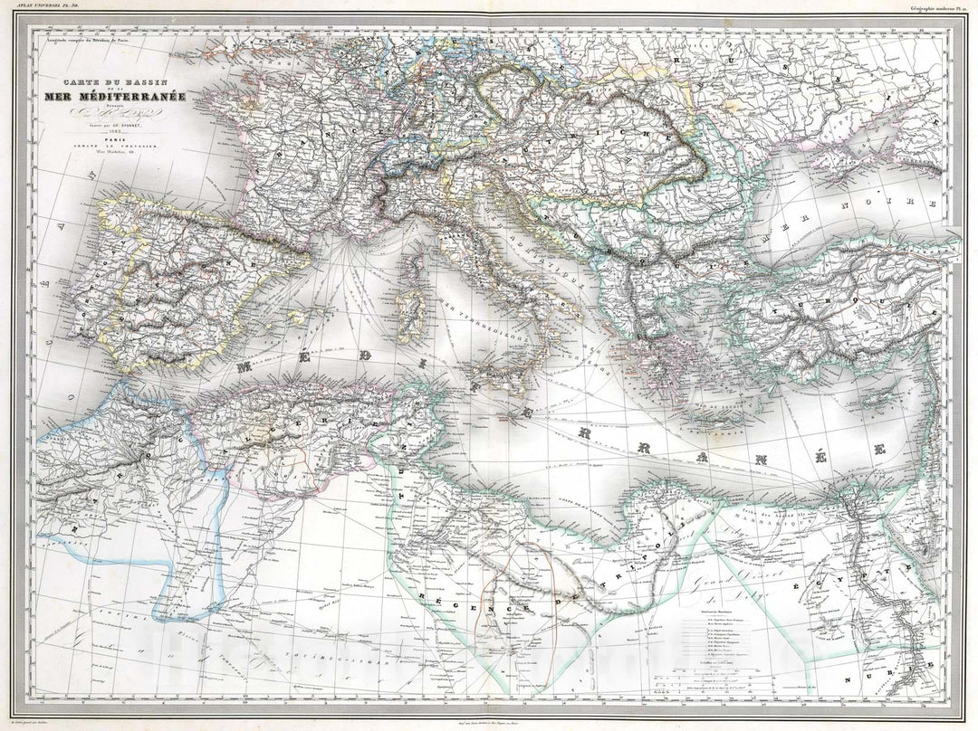 Historic Map : Dufour Map of The Mediterranean Region, 1860, Vintage Wall Art