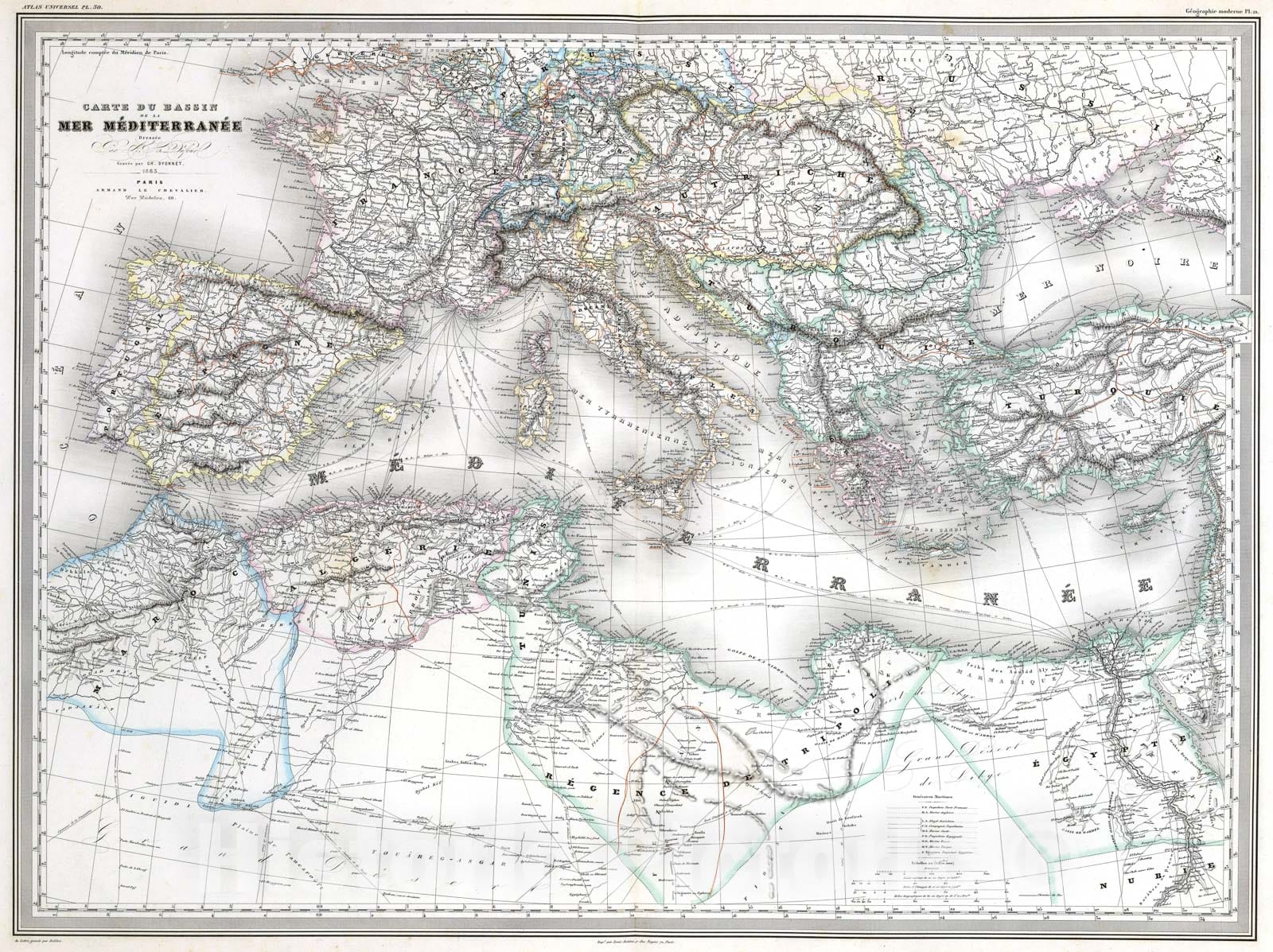 Historic Map : Dufour Map of The Mediterranean Region, 1860, Vintage Wall Art