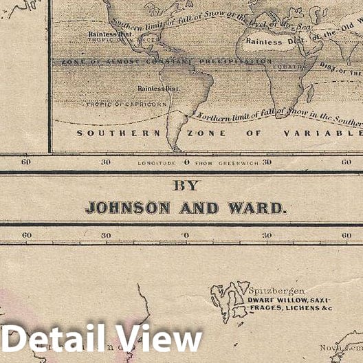 Historic Map : Johnson Map of The World Showing Meteorology, Rainfall and Plants, 1863, Vintage Wall Art