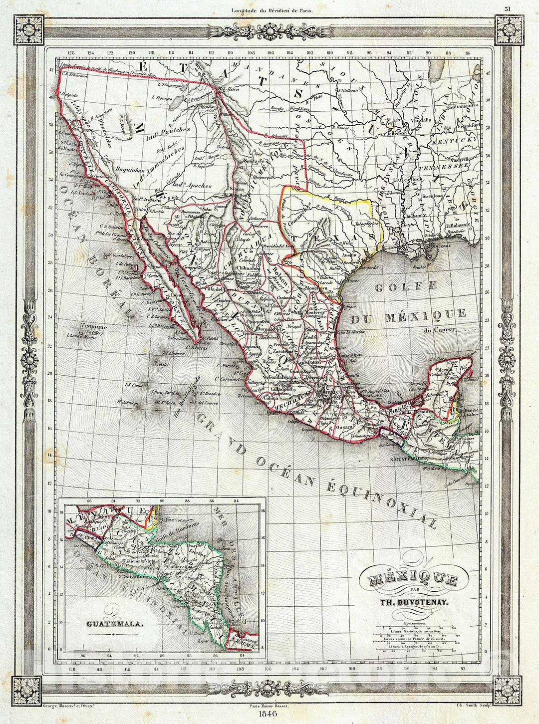 Historic Map : Duvotenay Map of Mexico (w/Republic of Texas), 1846, Vintage Wall Art