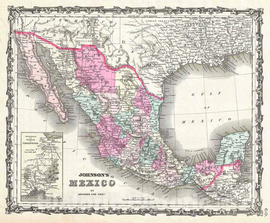 Historic Map : Johnson Map of Mexico and Texas, 1863, Vintage Wall Art