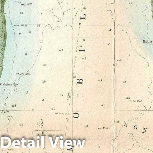 Historic Map : U.S. Coast Survey Map or Chart of Mobile Bay, Alabama, 1851, Vintage Wall Art