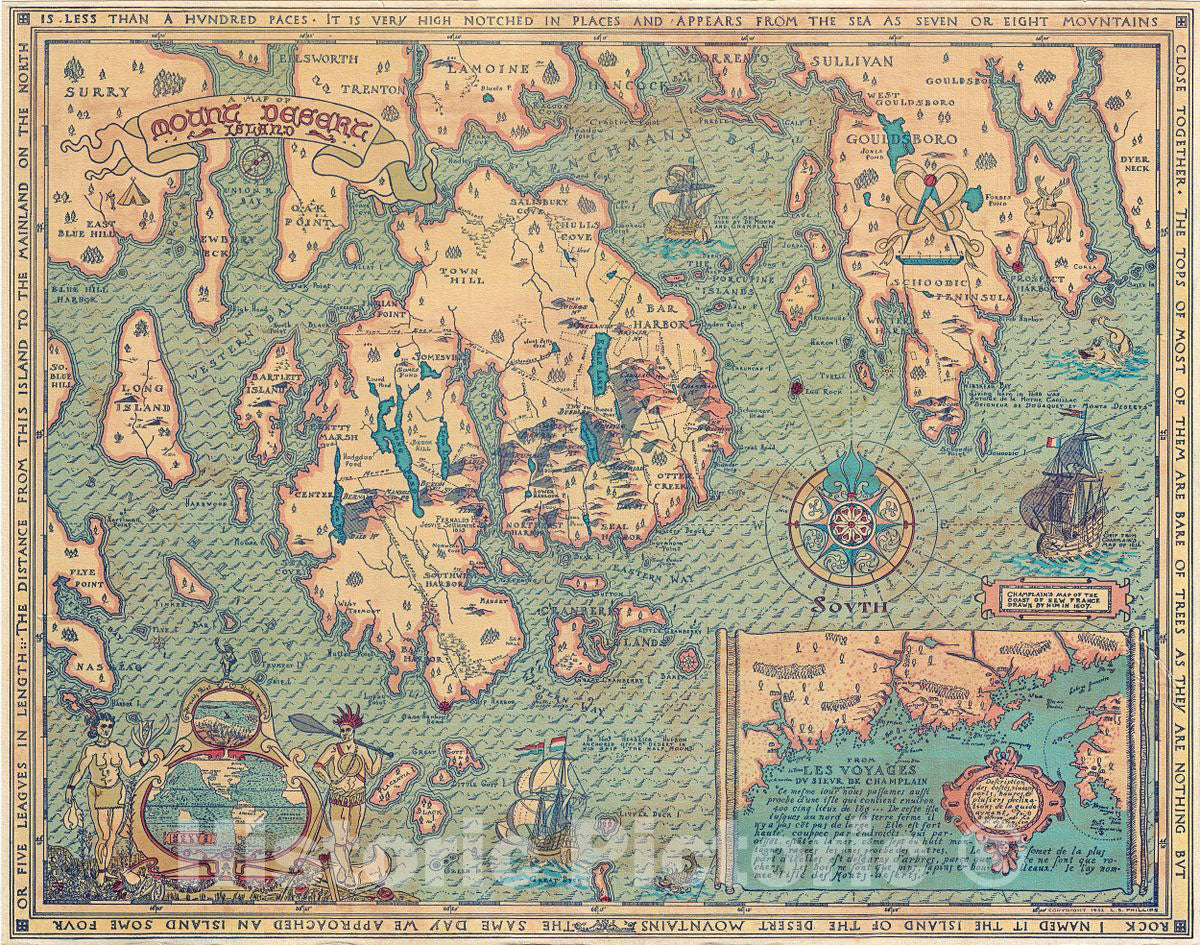 Historic Map : Luther S. Phillips Pictorial Map of Mount Desert Island, 1932, Vintage Wall Art