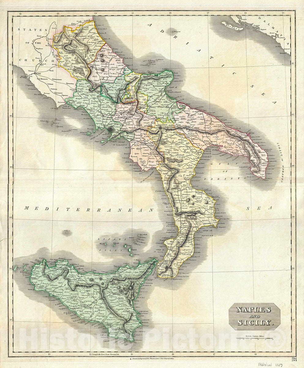 Historic Map : Thomson Map of Naples and Sicily, 1817, Vintage Wall Art