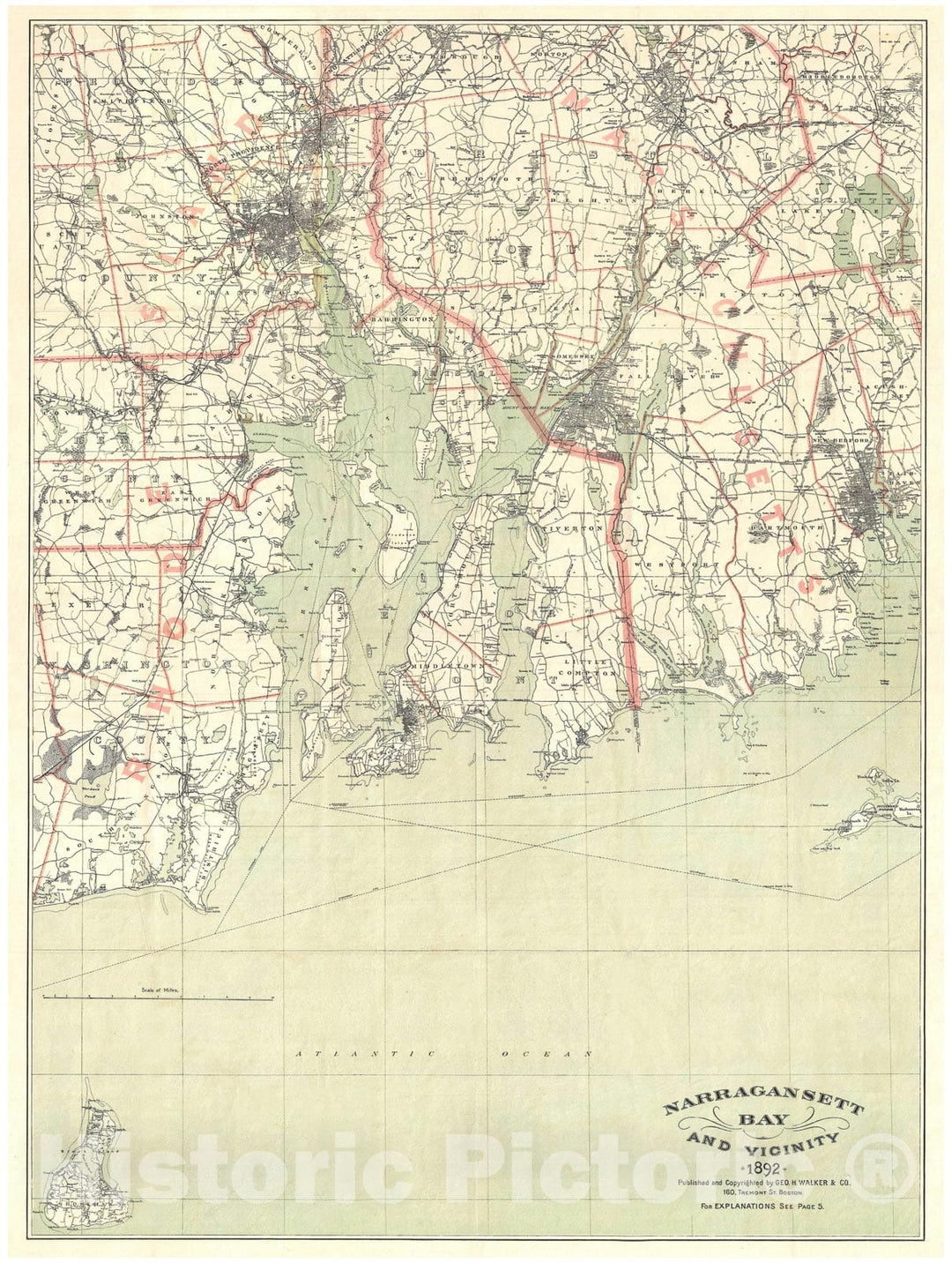 Historic Map : Walker Map of Narragansett Bay, Rhode Island, 1892, Vintage Wall Art