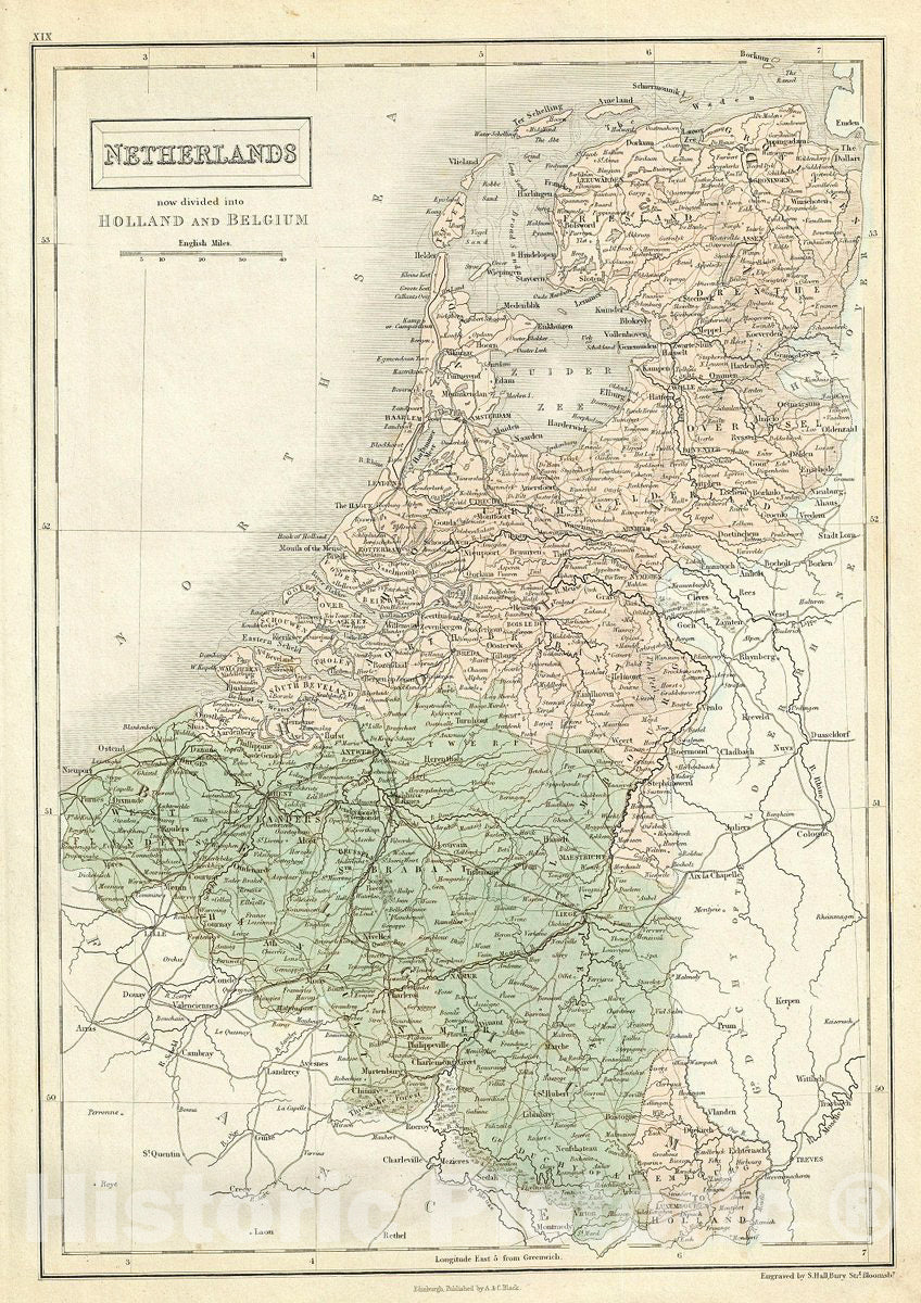 Historic Map : Black Map of Belgium and Holland (Netherlands), 1851, Vintage Wall Art