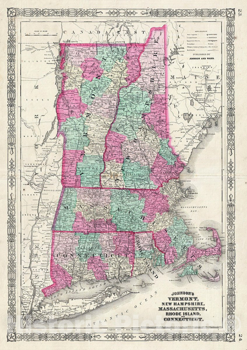 Historic Map : Johnson Map of New England: Maine, Vermont, New Hampshire, Massachusetts, Connecticut, 1864, Vintage Wall Art